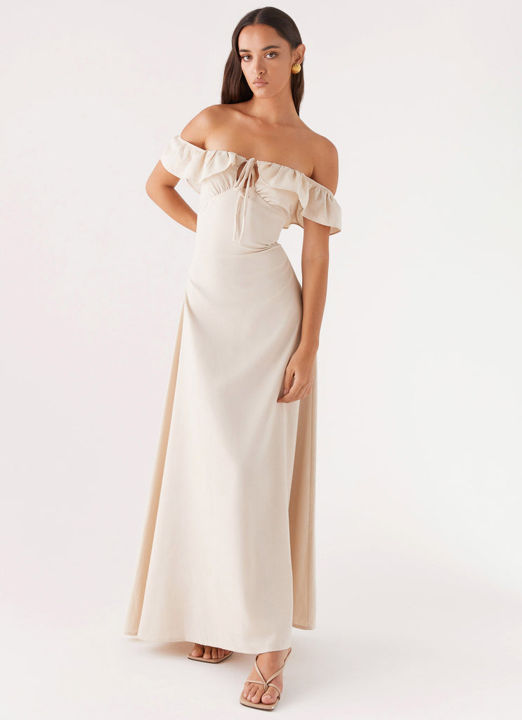 Womens Amarosa Linen Maxi Dress in the colour Natural in front of a light grey background