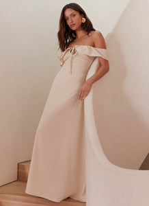 Womens Amarosa Linen Maxi Dress in the colour Natural in front of a light grey background