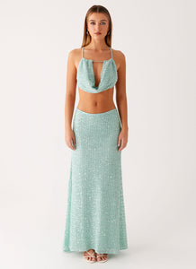 Amoura Sequin Low Rise Maxi Skirt - Mint Sage