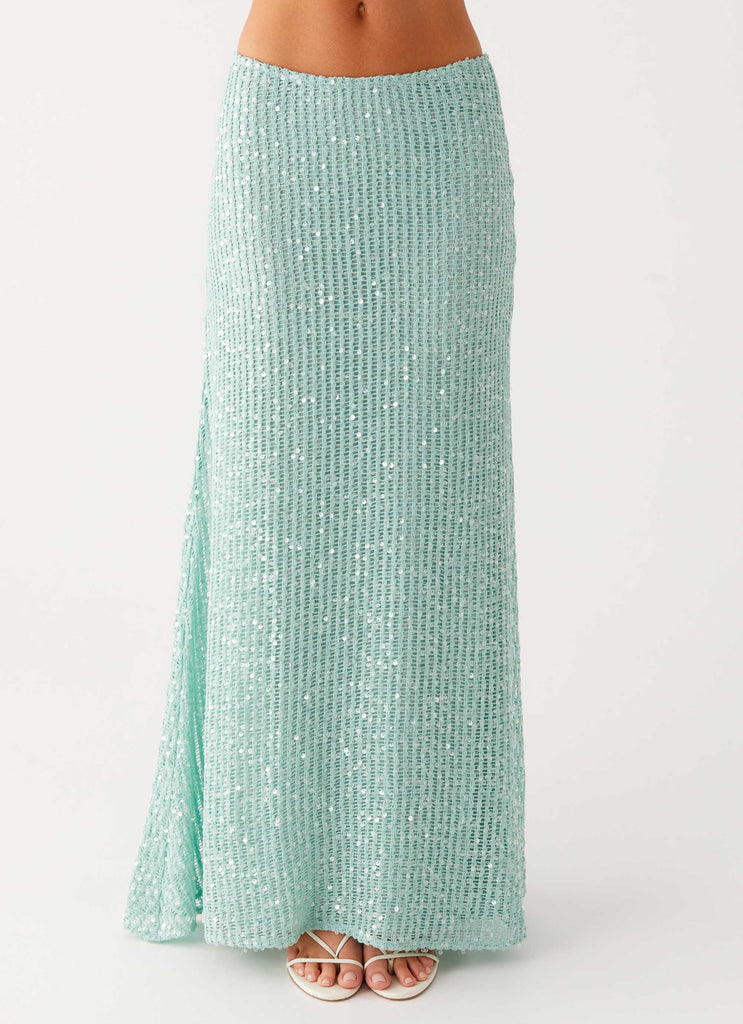 Amoura Sequin Low Rise Maxi Skirt - Mint Sage
