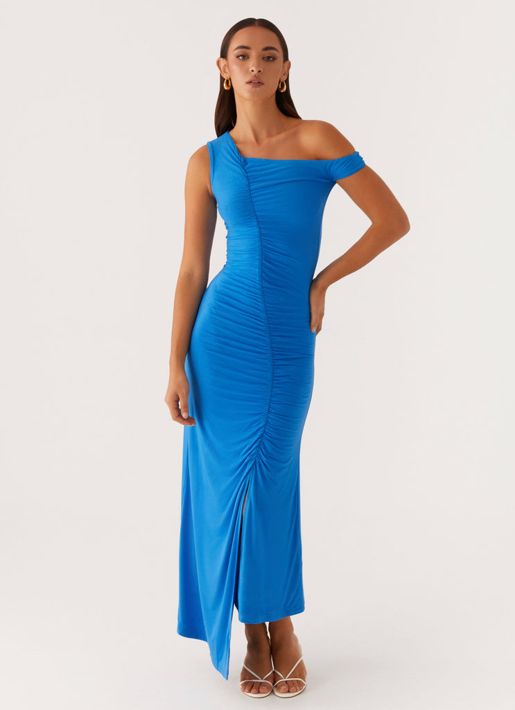 Anaya Ruched Asymmetrical Maxi Dress - Azure Peppermayo Anaya Ruched Asymmetrical Maxi Dress - Azure Peppermayo