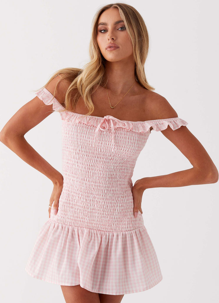 Womens Anica Mini Dress in the colour Pink Gingham in front of a light grey background