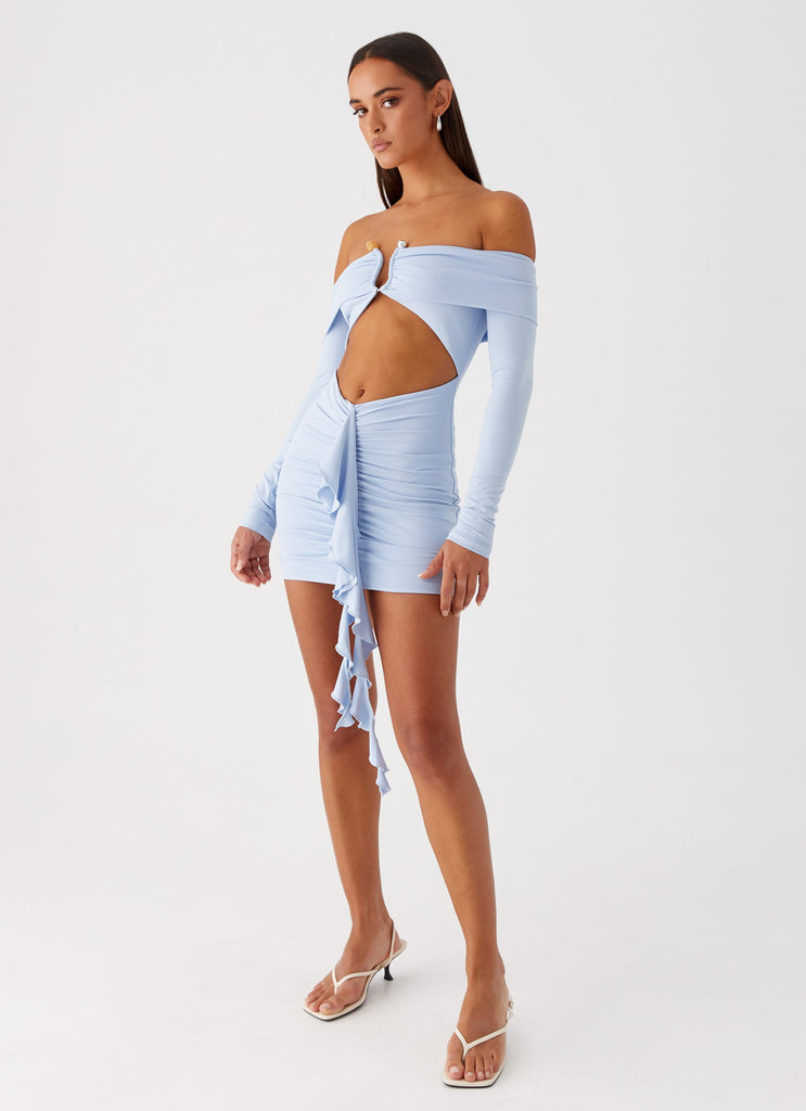 Womens Aniston Mini Dress in the colour Blue in front of a light grey background