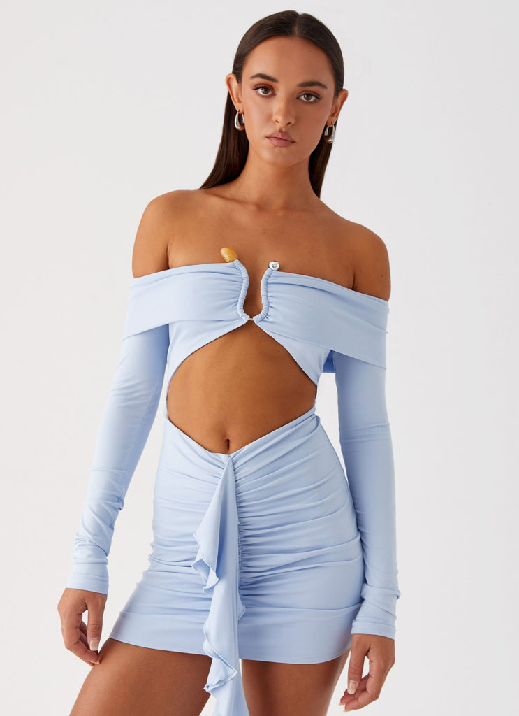 Womens Aniston Mini Dress in the colour Blue in front of a light grey background