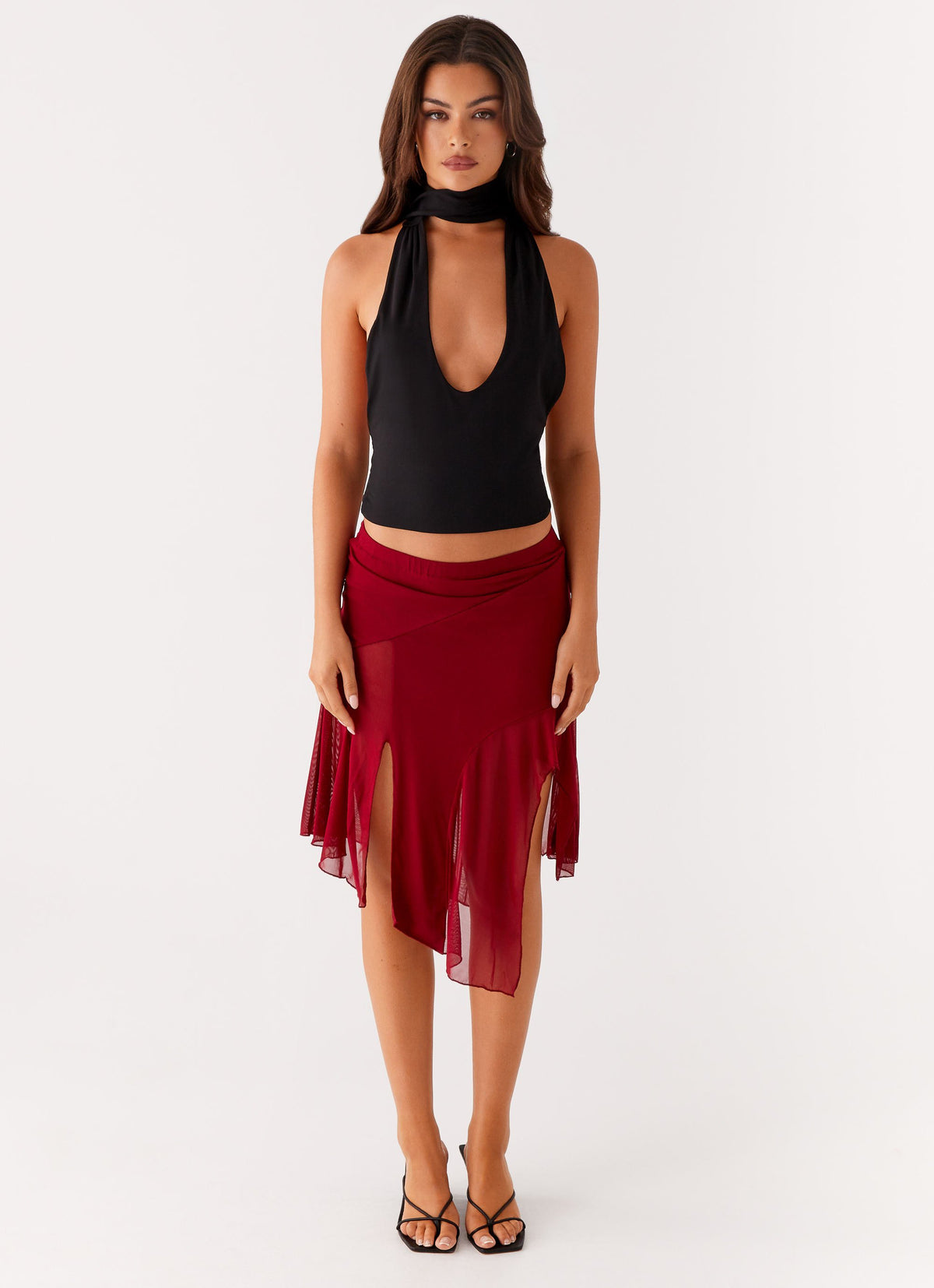 Anthea Mesh Midi Skirt - Red