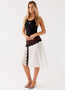 Womens Apology Midi Skirt in the colour Multi in front of a light grey background