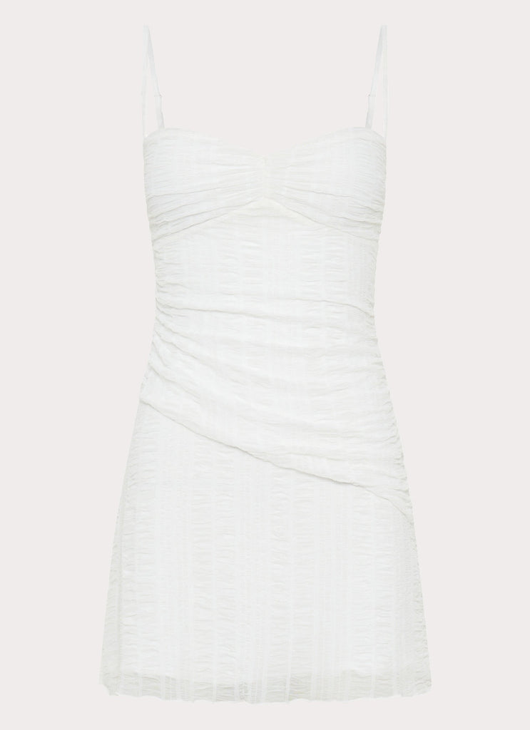 Womens Arden Mesh Mini Dress in the colour White in front of a light grey background