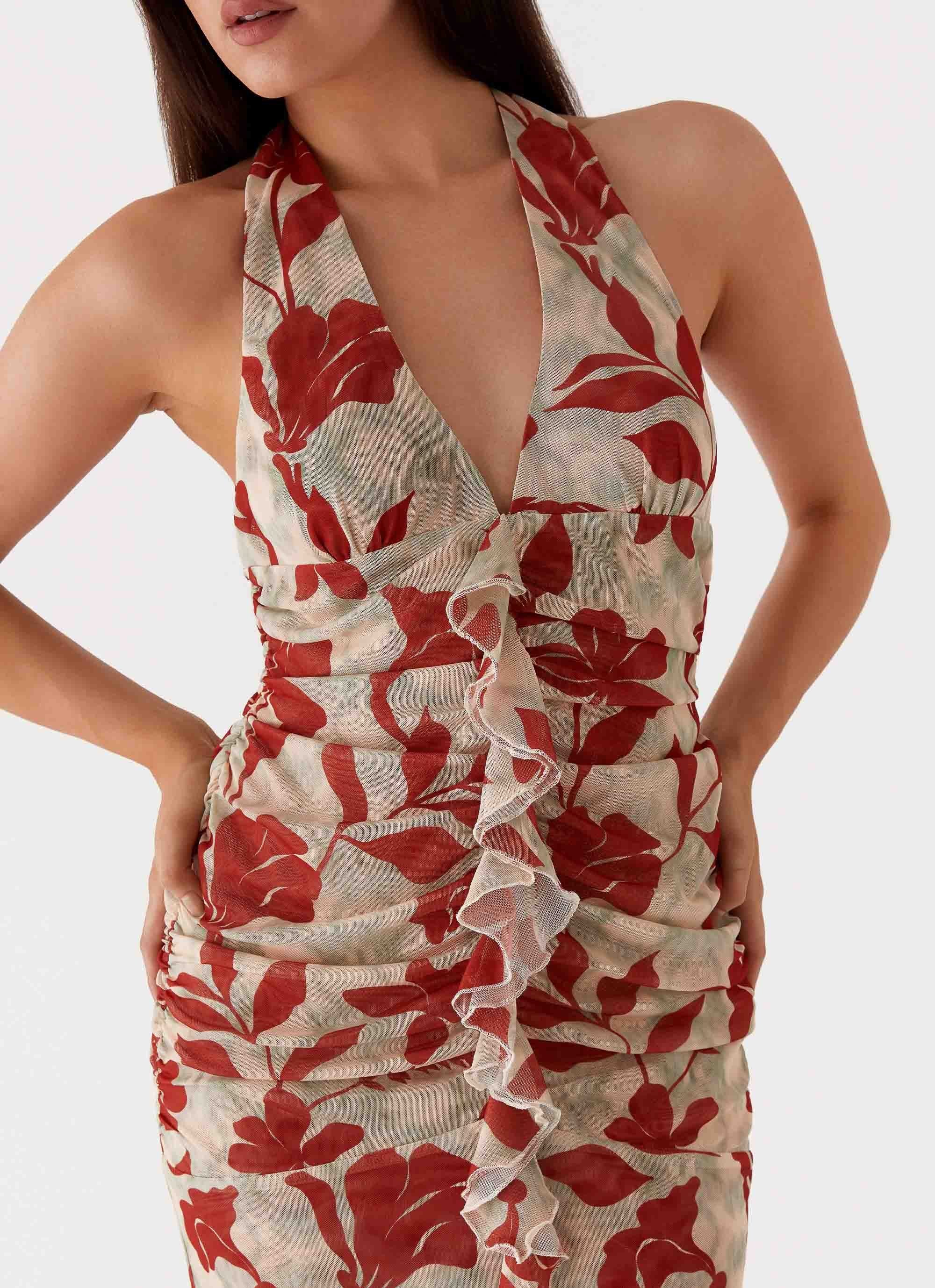 Red floral halter dress cheap
