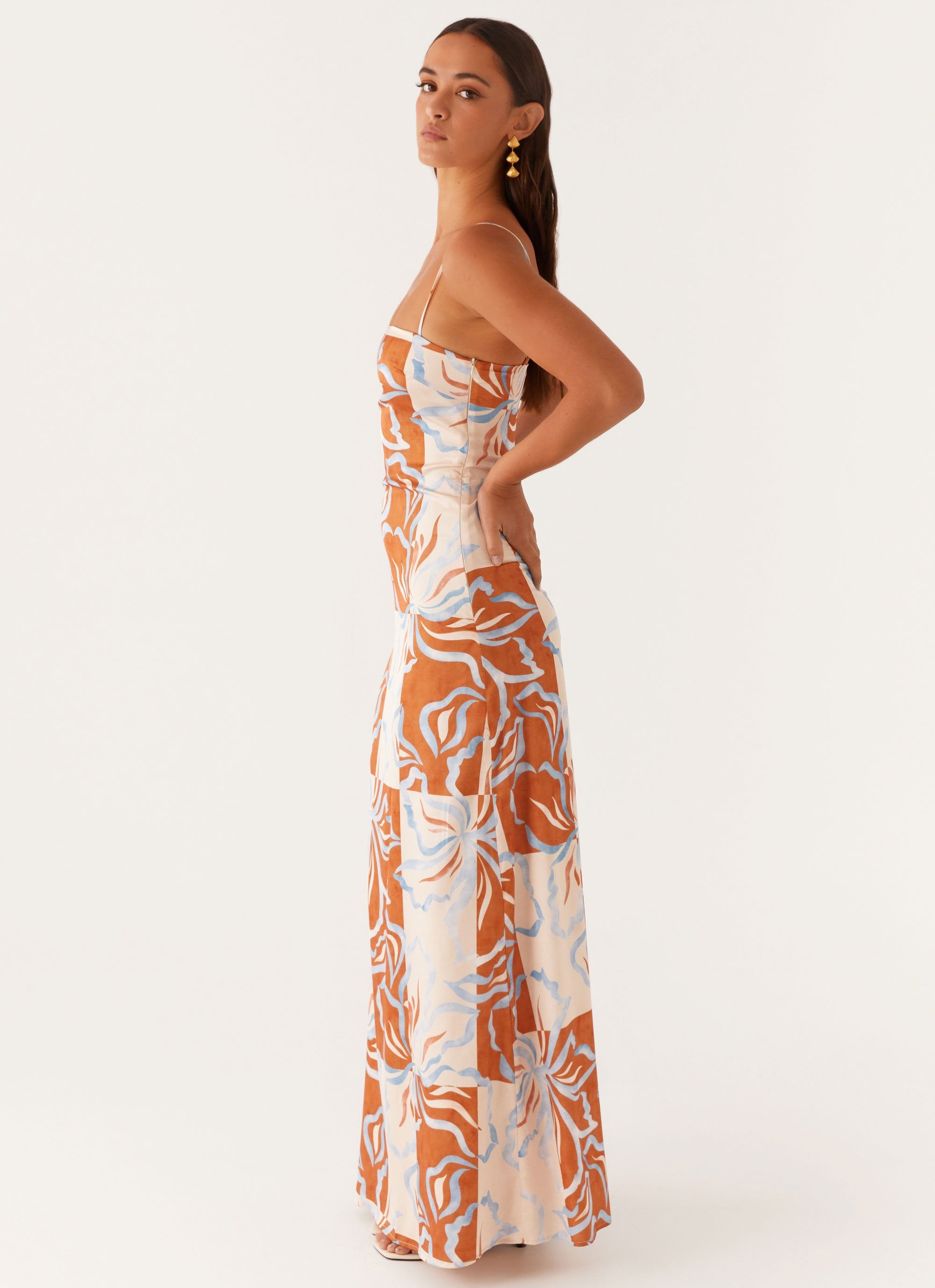 Blueberry Bloom Motifs Long Maxi Dress With Sleeves