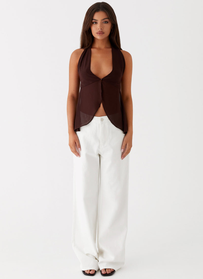 Womens At Last Halterneck Top in the colour Brown in front of a light grey background