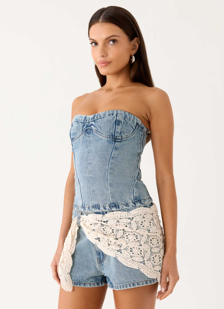 Avedon Scarf Denim Mini Shorts - Light Wash