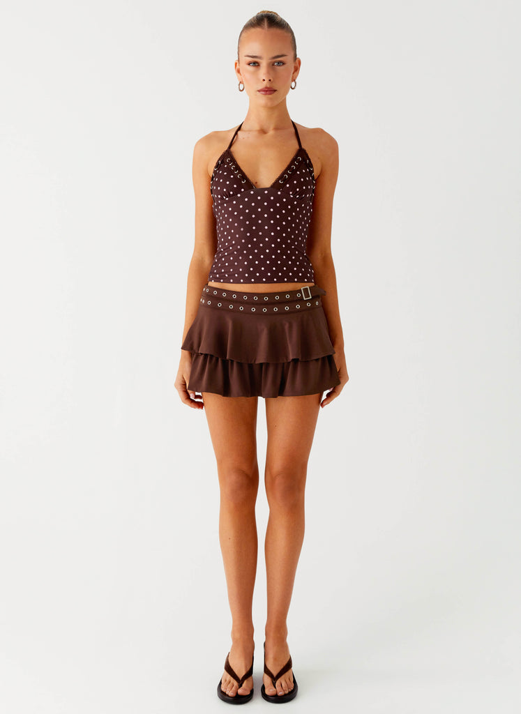 Bahama Eyelet Lace Up Top - Chocolate Strawberry Dot