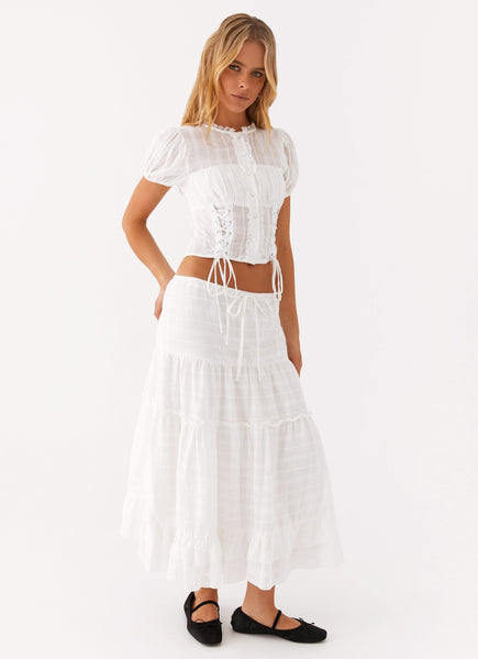 ● MA JOURNEE ● FRILL LAYERED MIDI SKIRT_WHITE Maje Tiered Ruffle Mesh Midi Skirt in White | Lyst