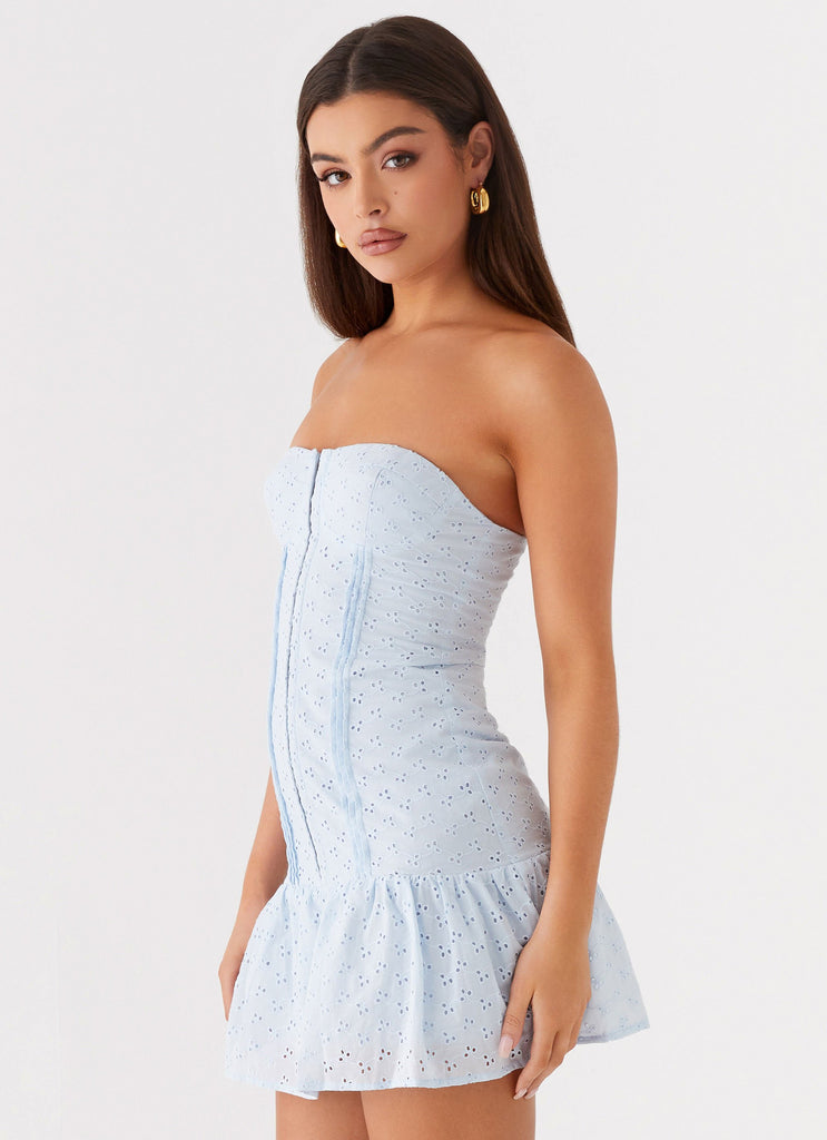 Womens Bloomsbury Bustier Mini Dress in the colour Blue in front of a light grey background