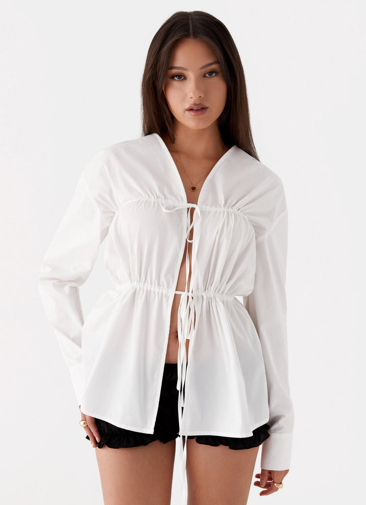 Womens Bridget Ruched Tie Front Shirt in the colour White in front of a light grey background