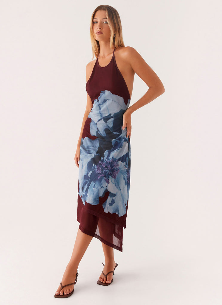 Brinley Halterneck Midi Dress - Maroon Print