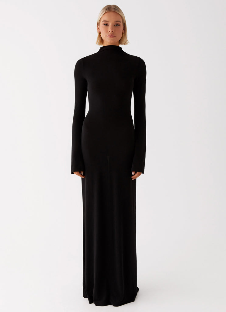 Womens Brioni Long Sleeve Maxi Dress in the colour Black in front of a light grey background