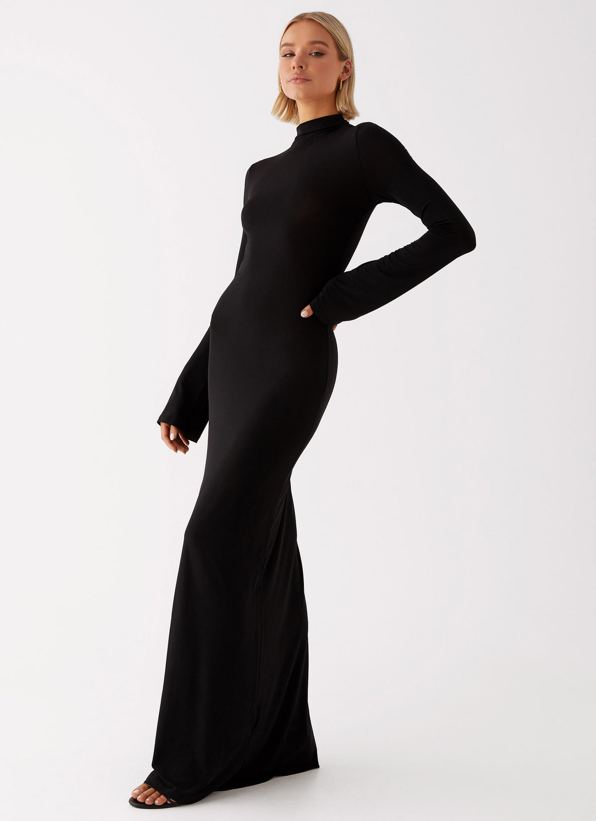 Womens Brioni Long Sleeve Maxi Dress in the colour Black in front of a light grey background