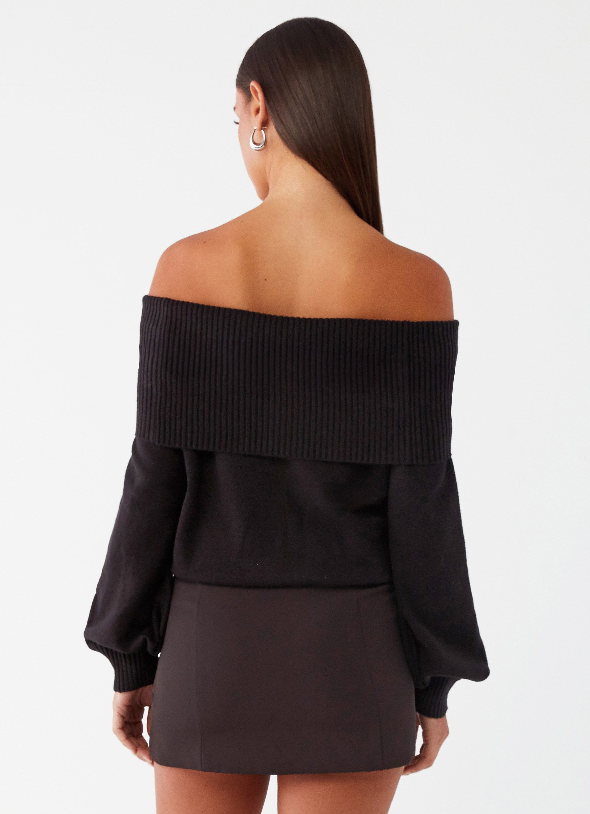 Buckle Up Oversized Bardot Knit Sweater Black Peppermayo