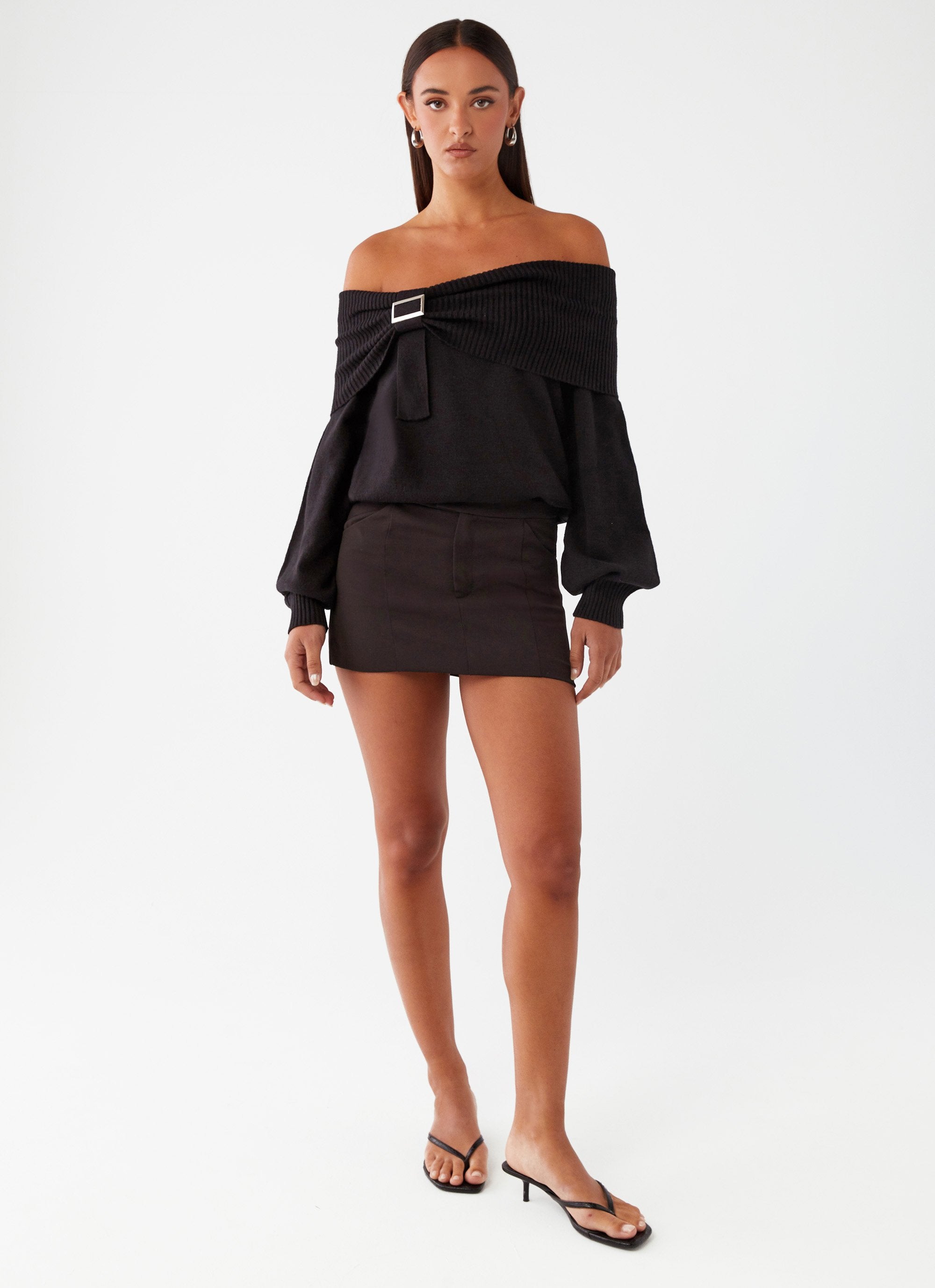 Buckle Up Oversized Bardot Knit Sweater Black Peppermayo