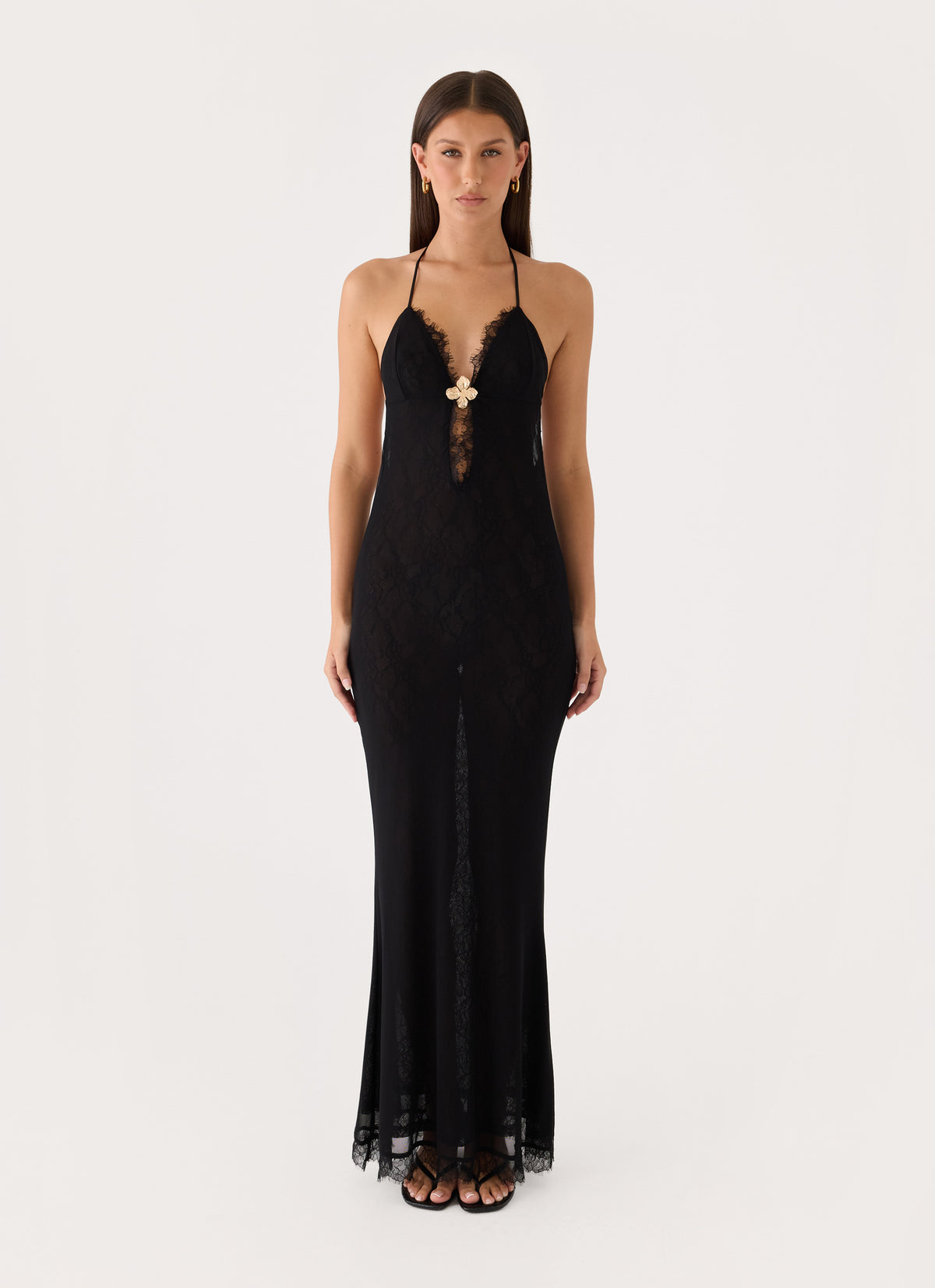 Calyssia Lace Halter Long Maxi Dress - Black