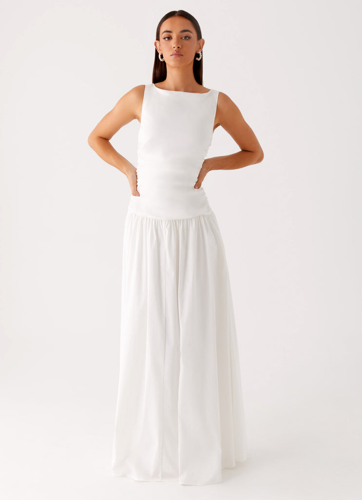high neck white maxi dress Chantelle | White High-Neck Maxi Dress With Drop-Waist And Cape-Sleeves