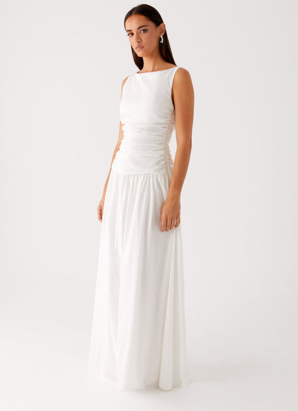 white high neck maxi dress Slinky Drape Detail Backless It offers the elegance of a deep open back with the ease of a covered neckline Stratus Lace High Neck Maxi