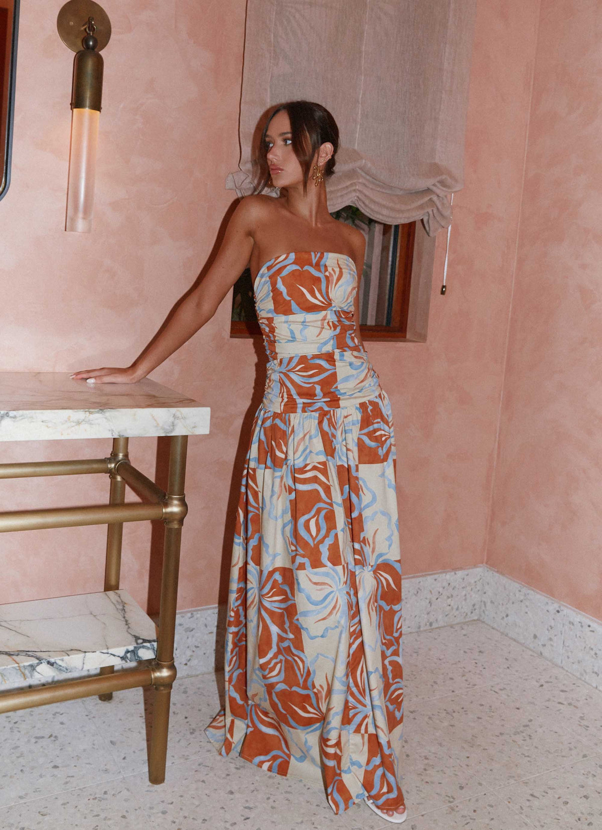 peppermayo carmel maxi dress Stunning Caramel from flattering silhouette with intricate ruched sides and silicone taping for a secure fit. Carmel Maxi Dress from Pepper