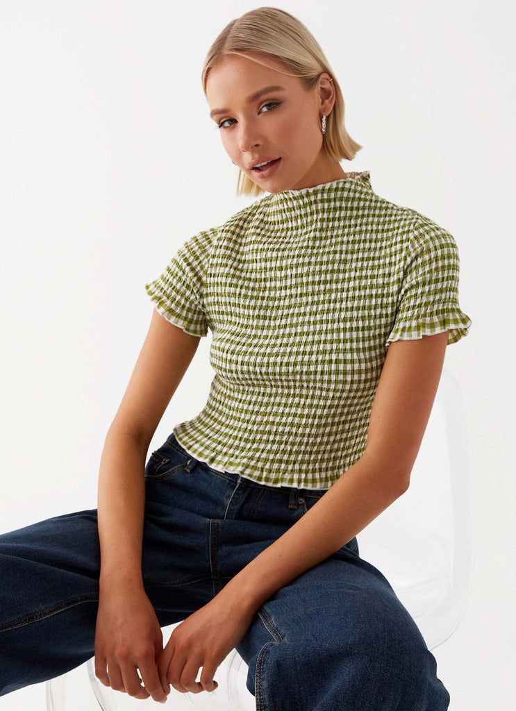 Womens Cleo Tee in the colour Khaki Gingham in front of a light grey background