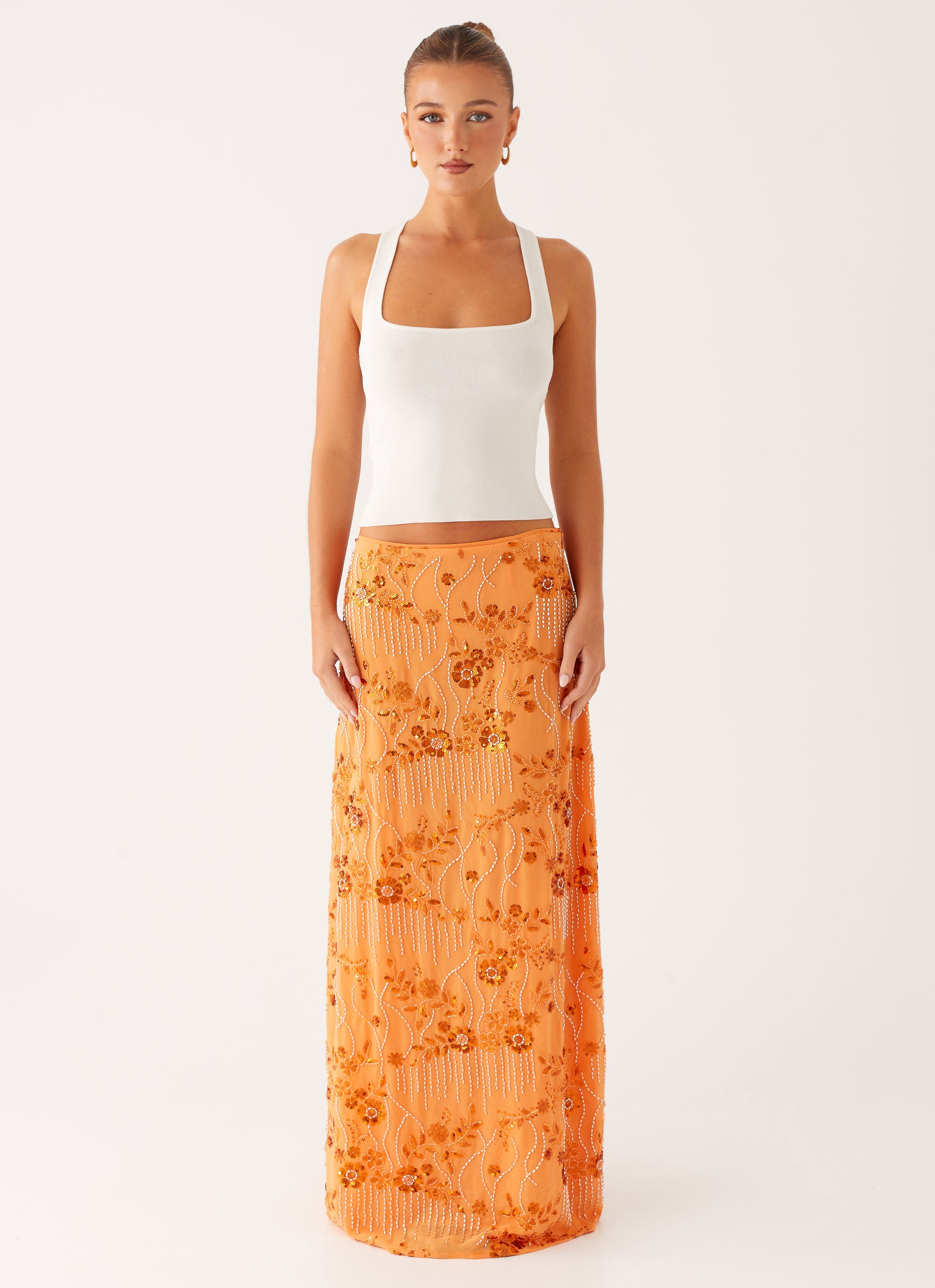 Corinna Low Rise Sequin Maxi Skirt Orange Peppermayo corinna-low-rise-sequin-maxi-skirt-orange-peppermayo