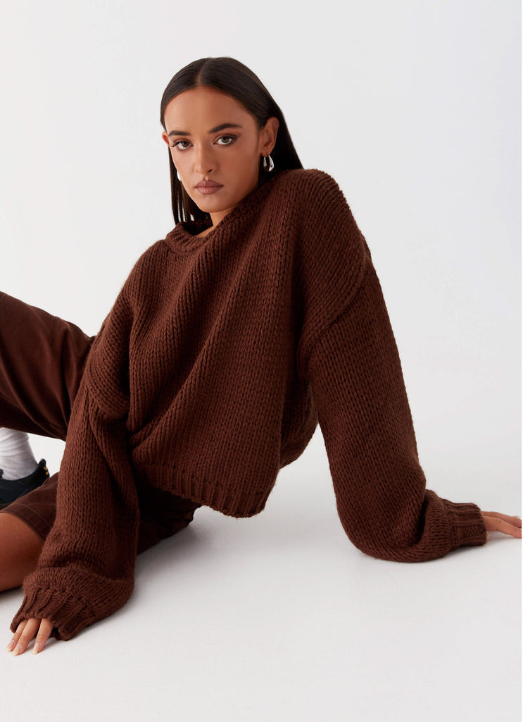 Womens Costella Knit Sweater in the colour Brown in front of a light grey background