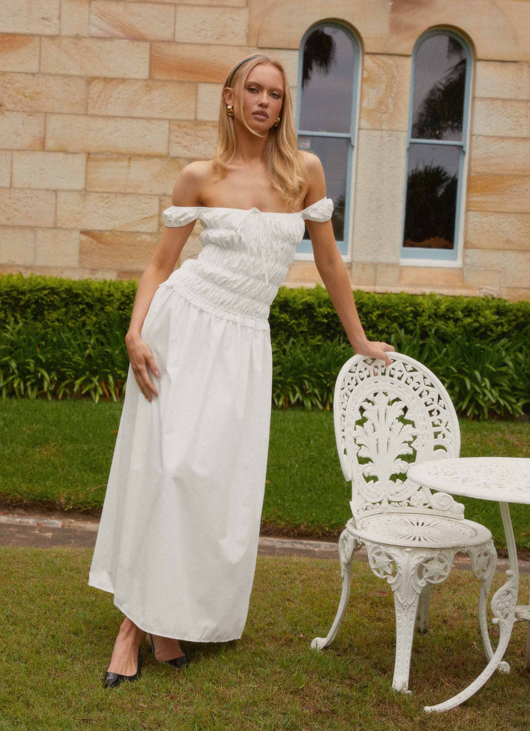 Countryside Off Shoulder Maxi Dress Ivory Peppermayo
