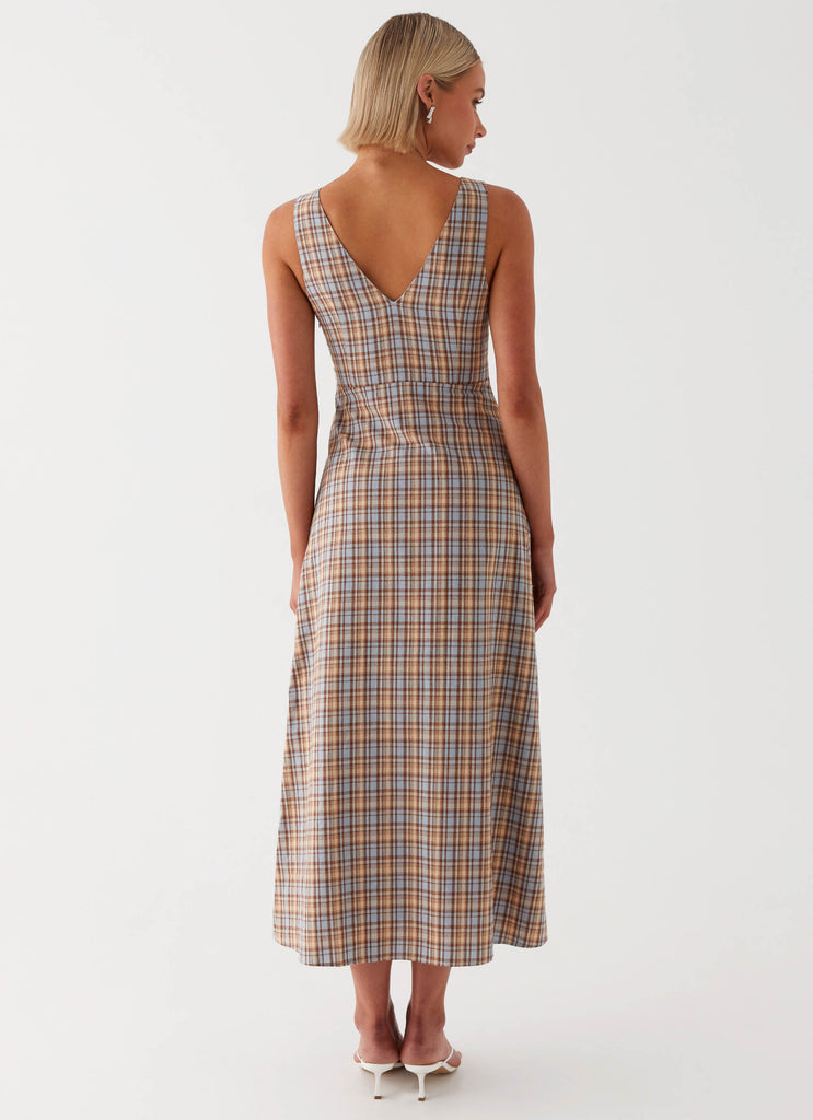 Womens Daphny Gathered Bust Midi Dress in the colour Check in front of a light grey background