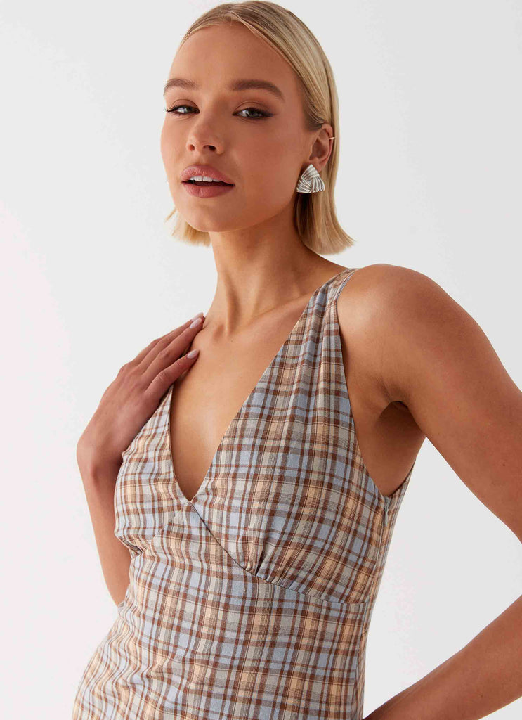 Womens Daphny Gathered Bust Midi Dress in the colour Check in front of a light grey background