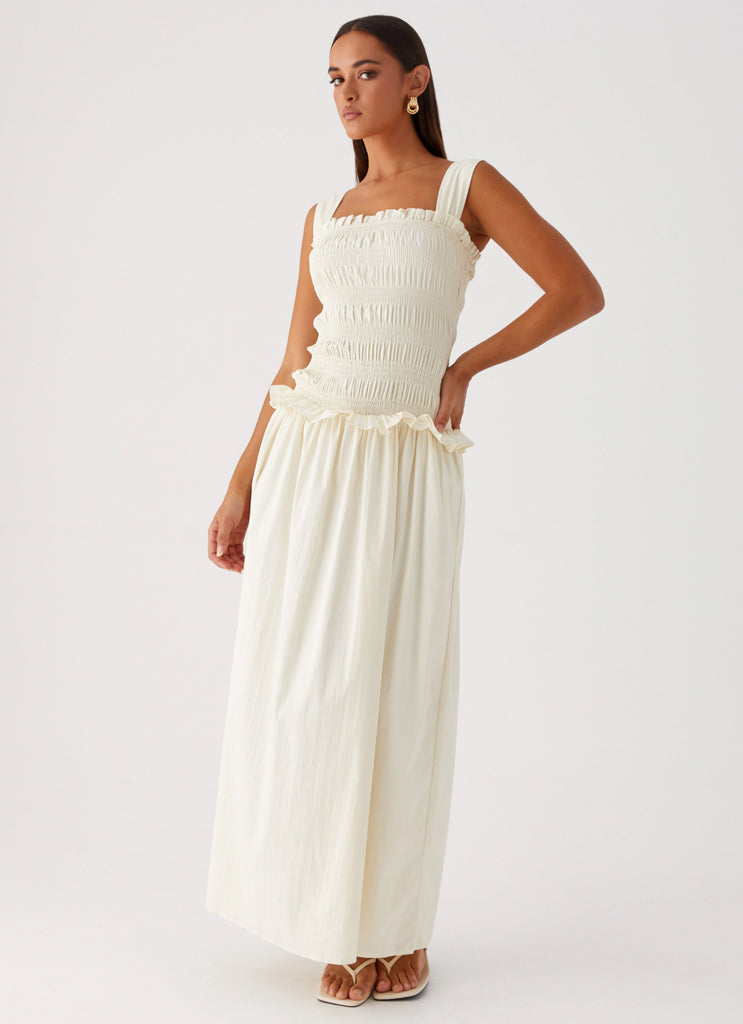 Womens Deana Shirred Maxi Dress in the colour White in front of a light grey background