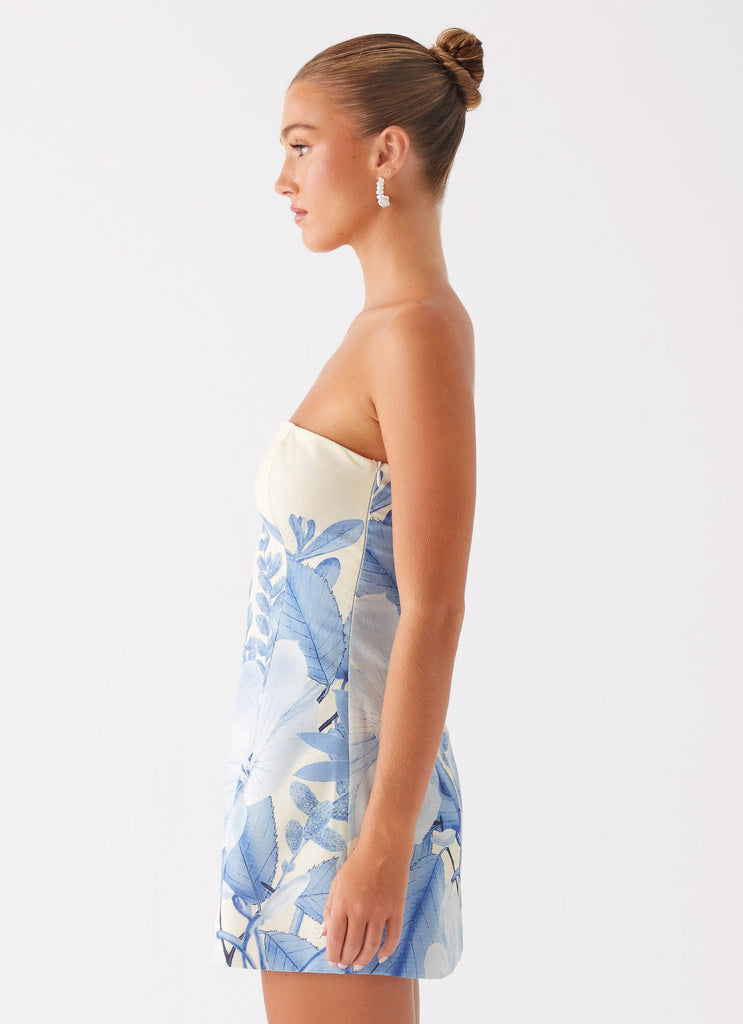 catharine mini dress strapless a line dress in blue floral Catharine Mini Dress - Strapless A Line Dress in Blue Floral