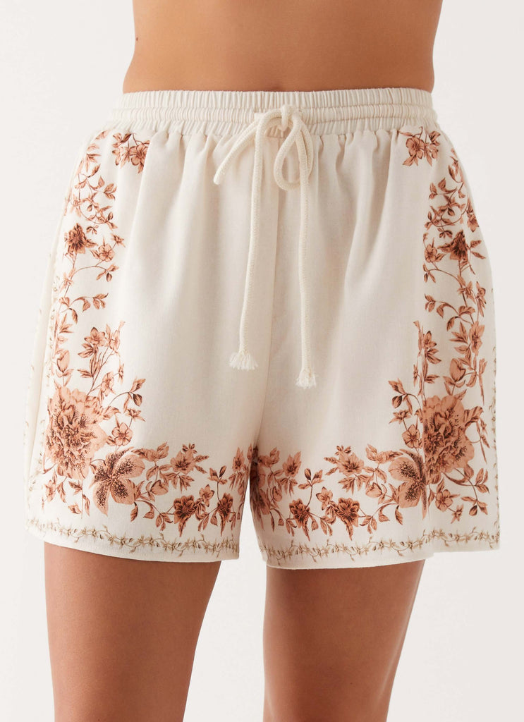 Womens Dreamy Days Linen High Waister Shorts in the colour Ivory in front of a light grey background