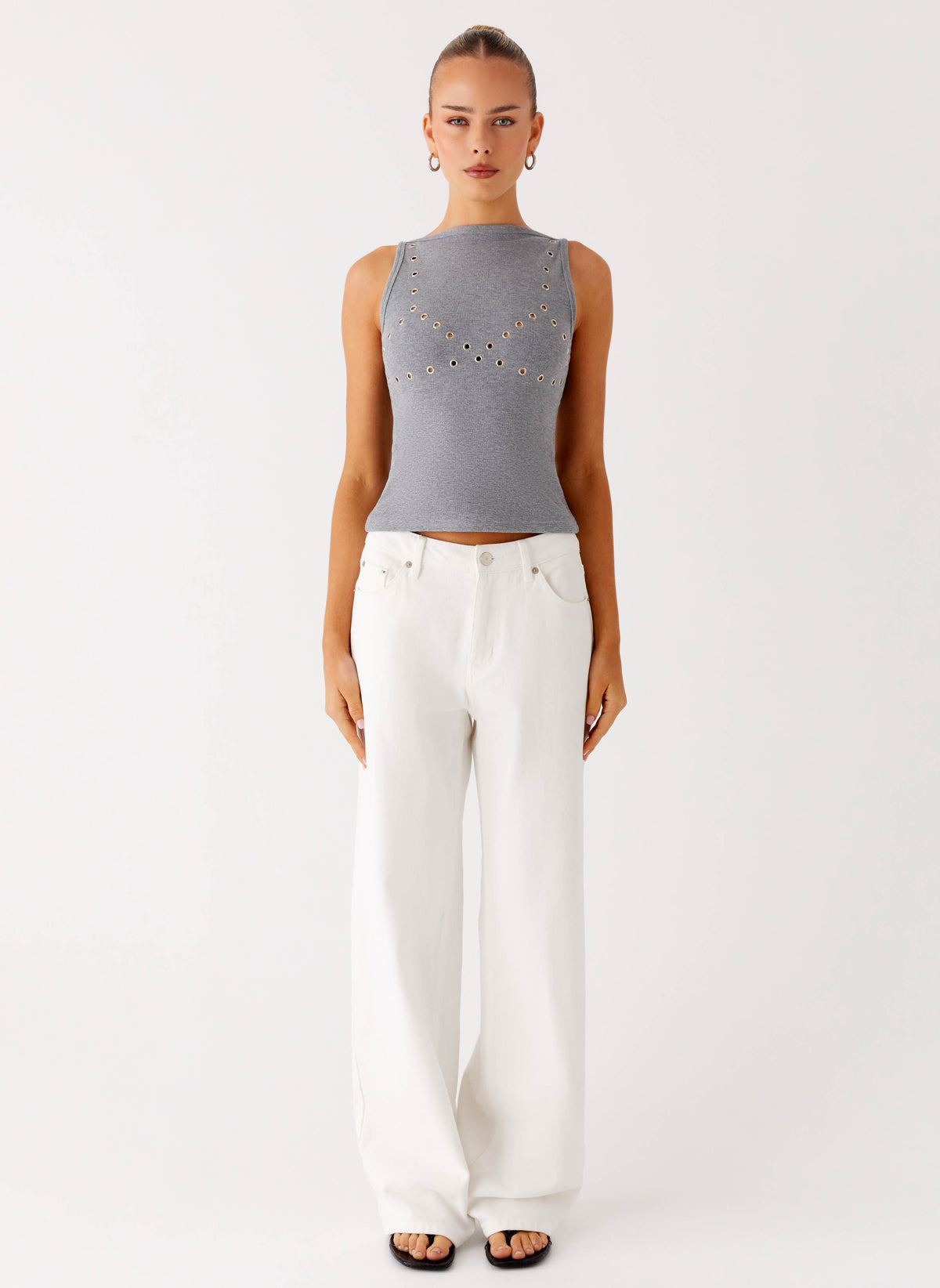Drop Top Ribbed Eyelet Tank Top - Marle Grey