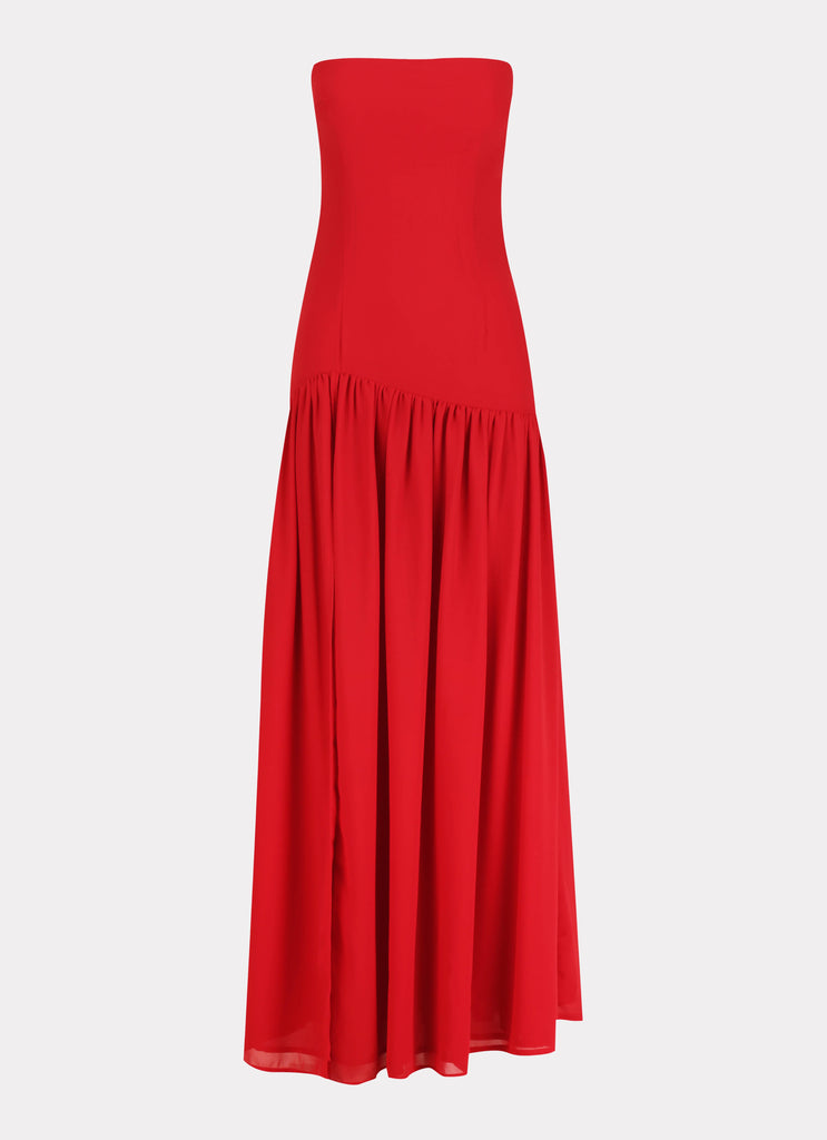 Womens Eden Strapless Maxi Dress in the colour Red in front of a light grey background