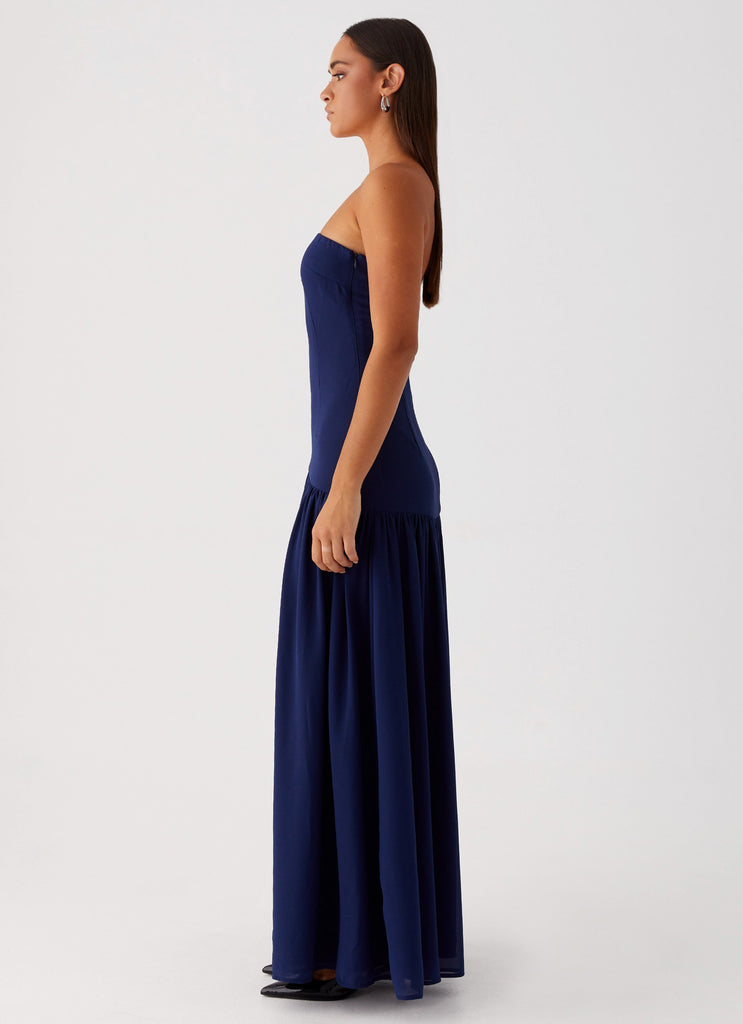 Womens Eden Strapless Maxi Dress in the colour Navy in front of a light grey background