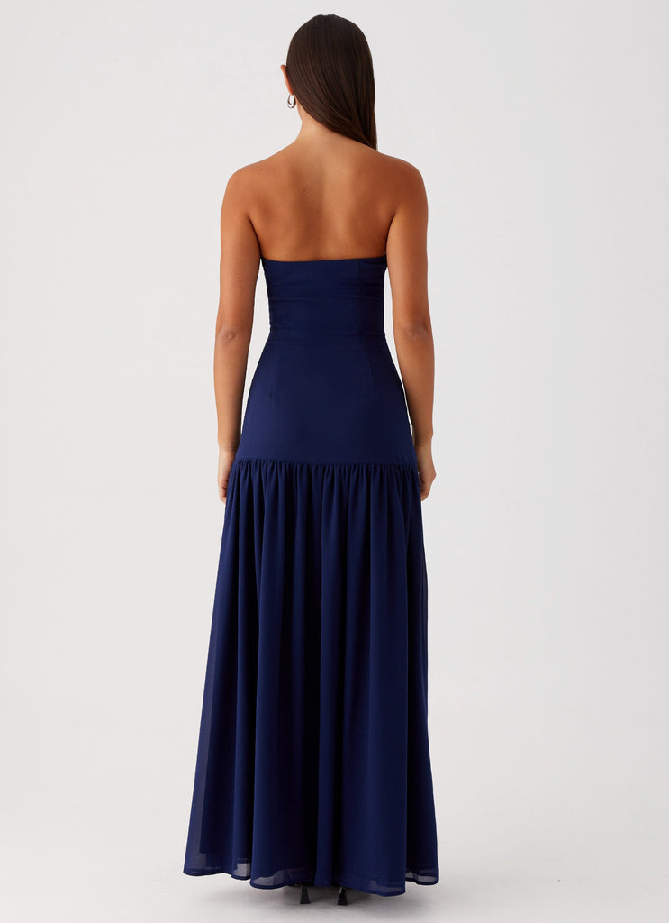 Womens Eden Strapless Maxi Dress in the colour Navy in front of a light grey background