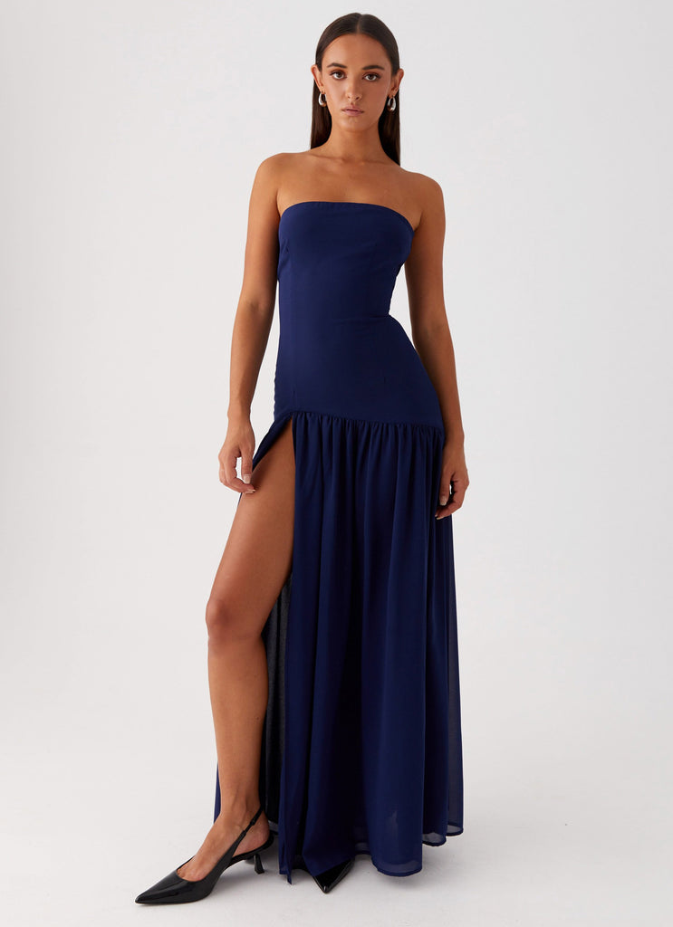 Womens Eden Strapless Maxi Dress in the colour Navy in front of a light grey background