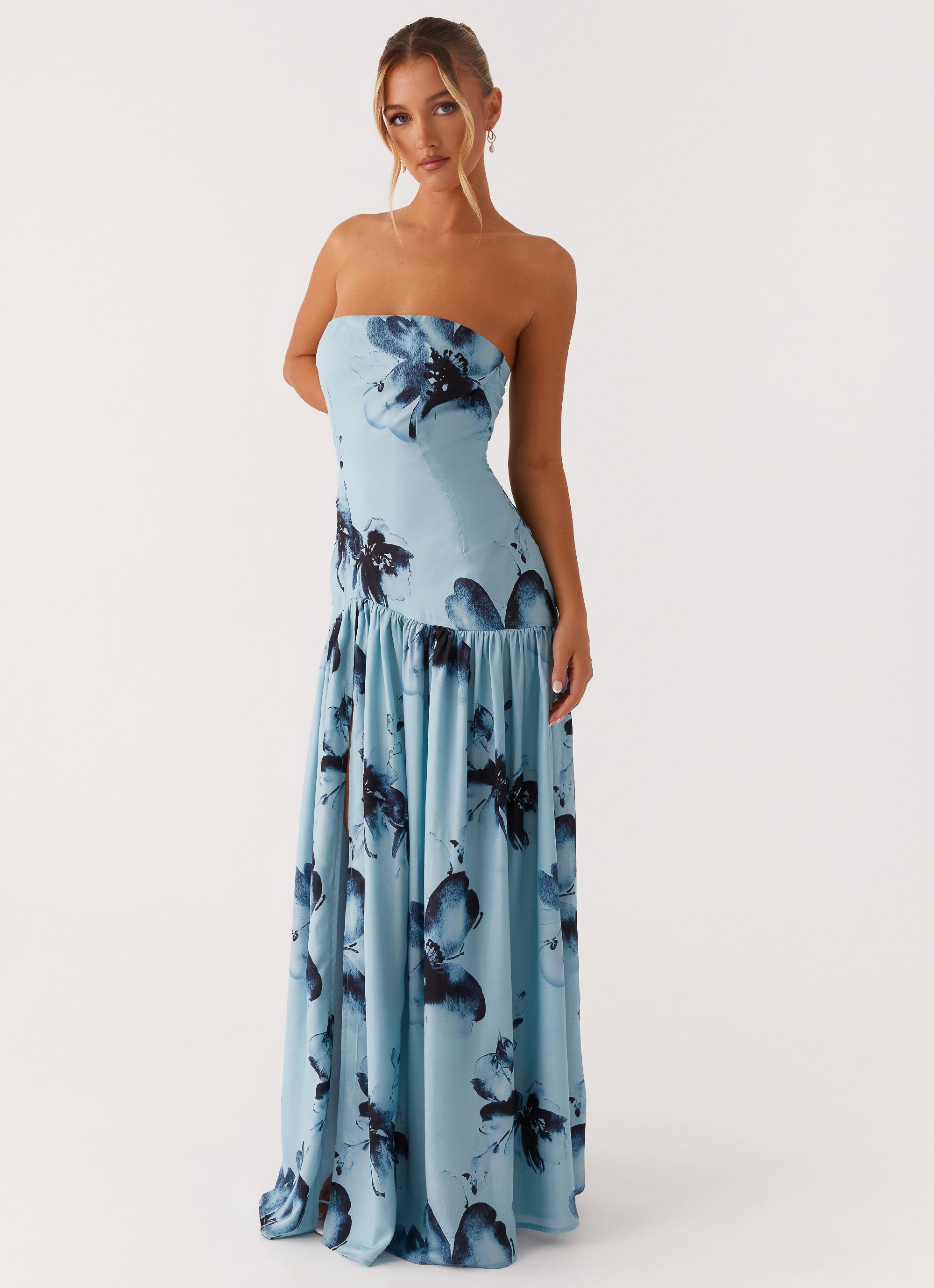 Eden Strapless Maxi Dress Blue Black Floral – Peppermayo