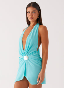 Eleanora Plunge Scarf Mini Dress - Turquoise