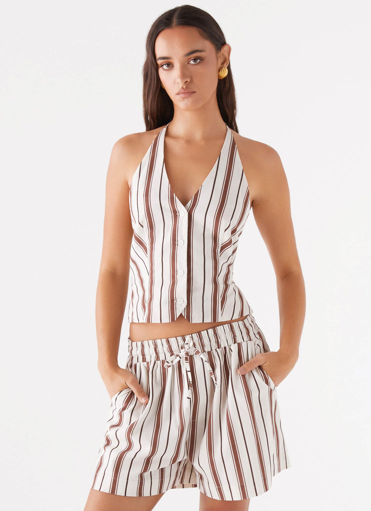 Womens Ellie Linen Halterneck Vest Top in the colour Brown Stripe in front of a light grey background