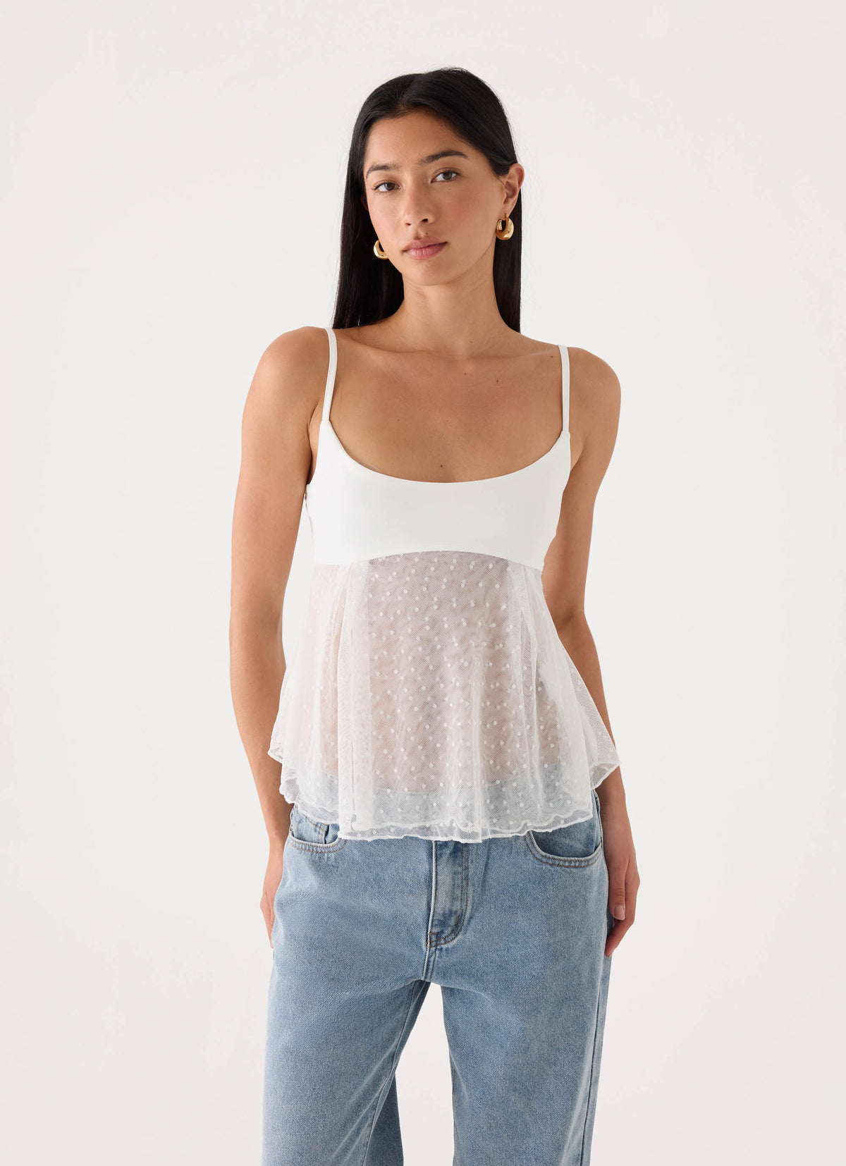 Elsie Mesh Polka Dot Top - White