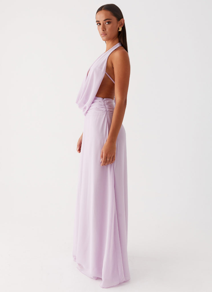 Womens Elysia Chiffon Maxi Dress in the colour Lilac in front of a light grey background