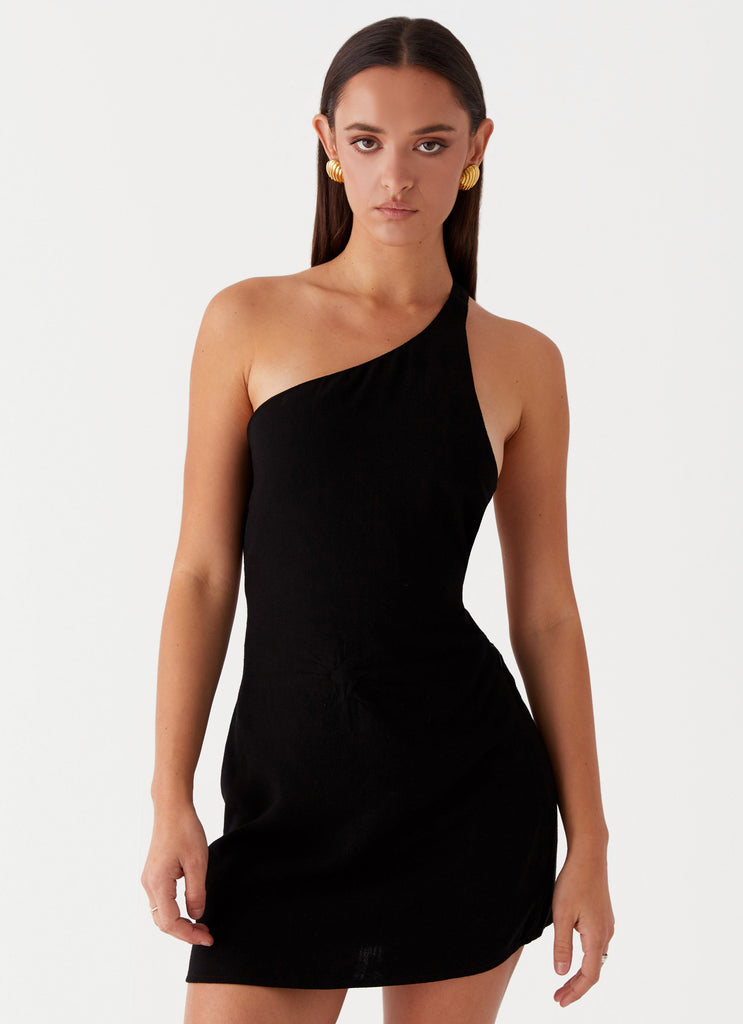 Womens Emilee Tie Back Mini Dress in the colour Black in front of a light grey background