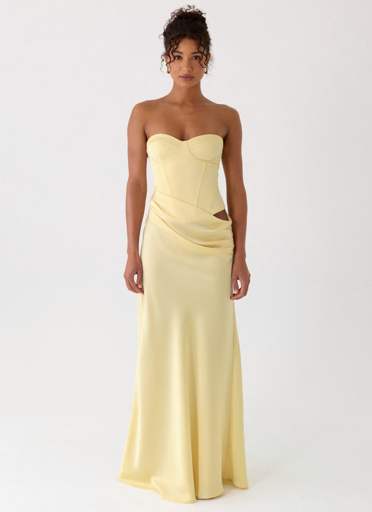 yellow strapless corset dress Strapless Corset Puff Maxi Dress Yellow
