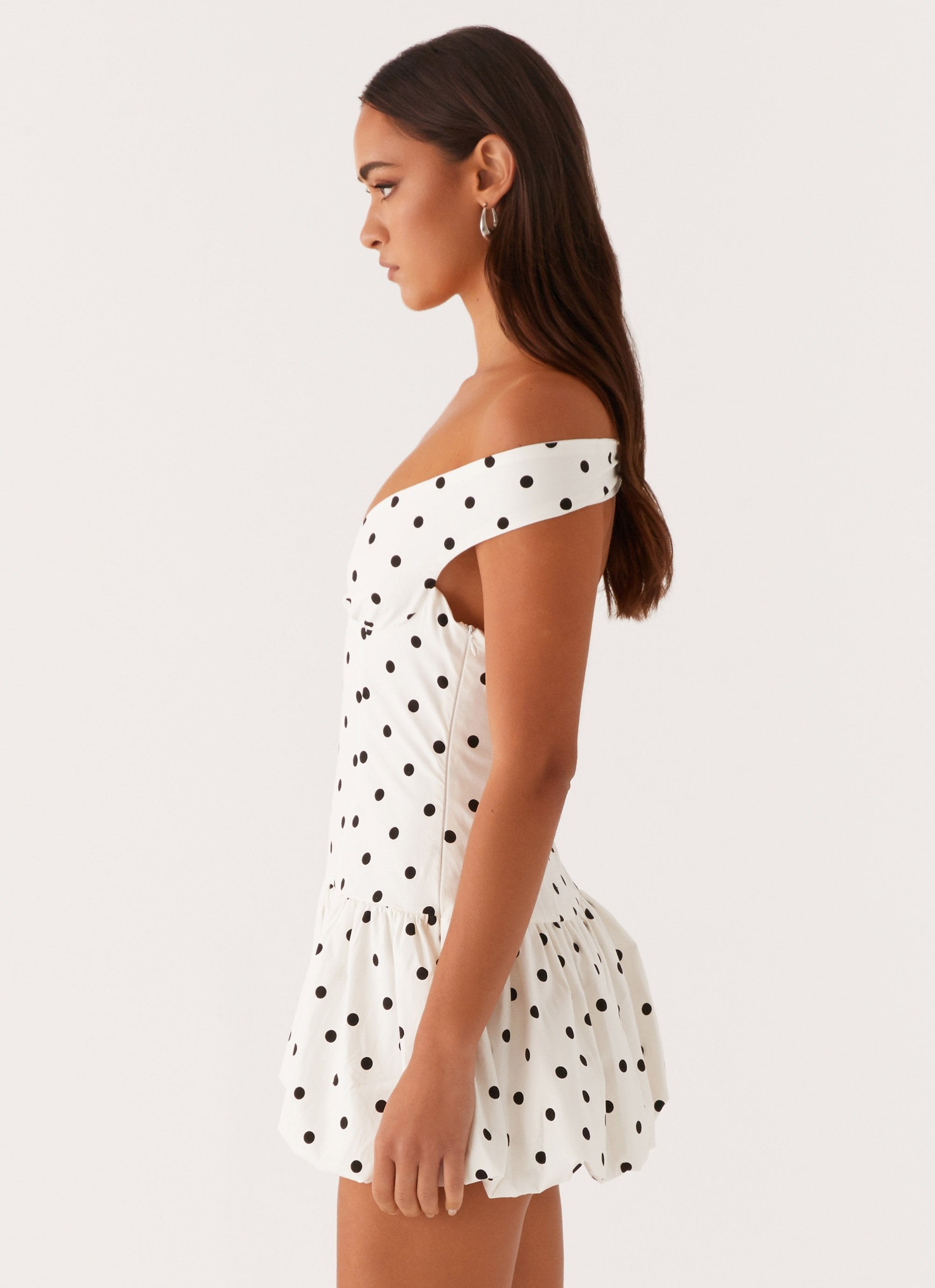 Off-Shoulder Ruffled Polka Dot Midi Dress - White main image 1